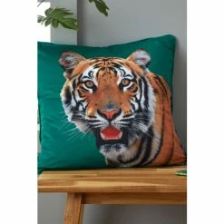 Catherine Lansfield Green Velvet Tiger Cushion
