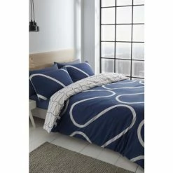 Catherine Lansfield Navy Linear Curve Geometric Reversible Duvet Cover And Pillowcase Set
