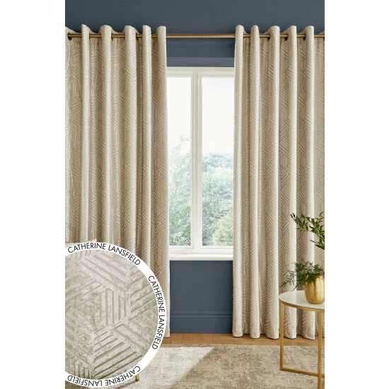 Catherine Lansfield Gold Geo Cut Velvet Lined Eyelet Curtains 1 Catherine Lansfield Gold Geo Cut Velvet Lined Eyelet Curtains