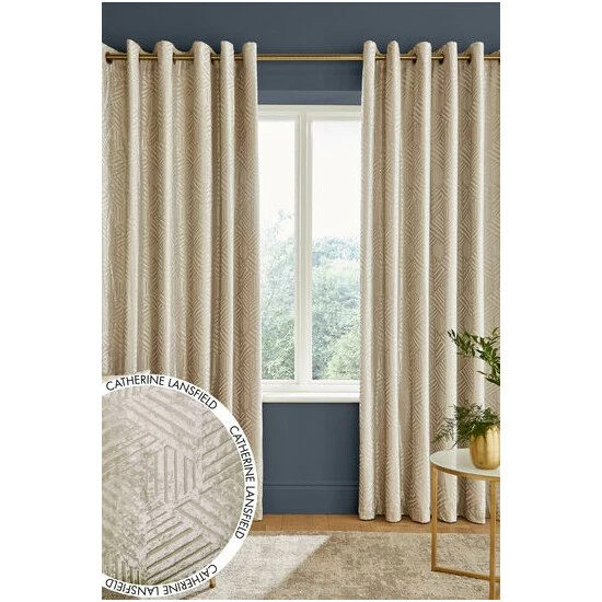 Catherine Lansfield Gold Geo Cut Velvet Lined Eyelet Curtains 4 Catherine Lansfield Gold Geo Cut Velvet Lined Eyelet Curtains - Image 4