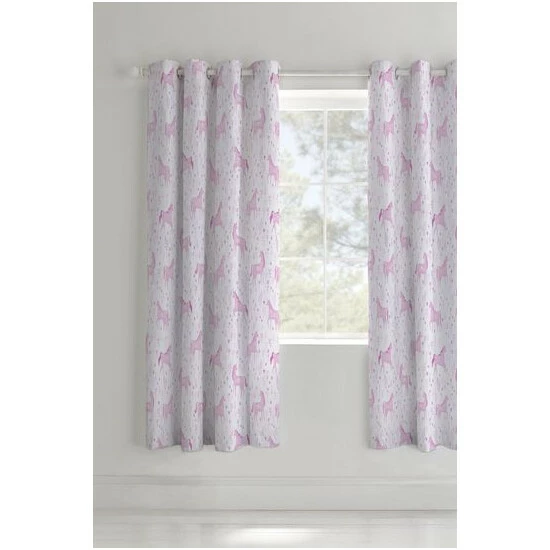 Catherine Lansfield Pink Folk Unicorn Lined Eyelet Curtains 2 Catherine Lansfield Pink Folk Unicorn Lined Eyelet Curtains - Image 2