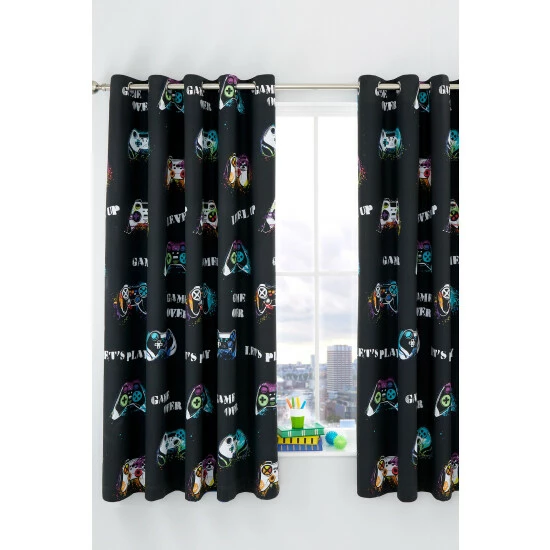 Catherine Lansfield Black Game Over Eyelet Curtains 1 Catherine Lansfield Black Game Over Eyelet Curtains