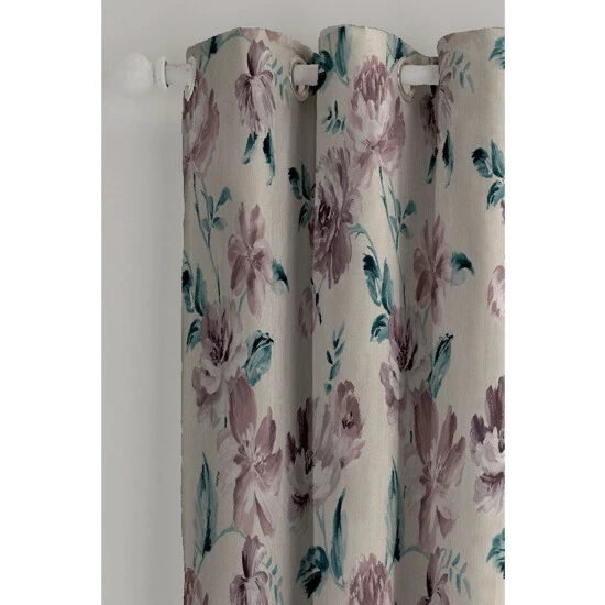 Catherine Lansfield Purple Painted Floral Lined Eyelet Curtains 2 Catherine Lansfield Purple Painted Floral Lined Eyelet Curtains - Image 2