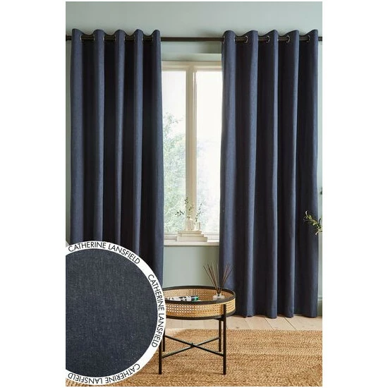 Catherine Lansfield Blue Cotton Chambray Lined Eyelet Curtains 4 Catherine Lansfield Blue Cotton Chambray Lined Eyelet Curtains - Image 4