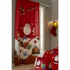 Catherine Lansfield Red Santa's Christmas Presents Single Slot Header Panel Curtain