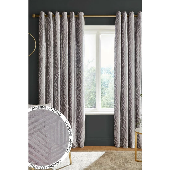 Catherine Lansfield Silver Geo Cut Velvet Lined Eyelet Curtains 1 Catherine Lansfield Silver Geo Cut Velvet Lined Eyelet Curtains