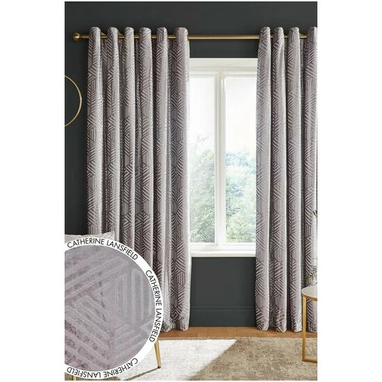 Catherine Lansfield Silver Geo Cut Velvet Lined Eyelet Curtains 4 Catherine Lansfield Silver Geo Cut Velvet Lined Eyelet Curtains - Image 4