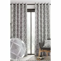 Catherine Lansfield Grey Geo Textured Diamond Eyelet Curtains