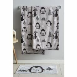 Catherine Lansfield Set Of 2 Grey Cosy Penguin Cotton Christmas Towels