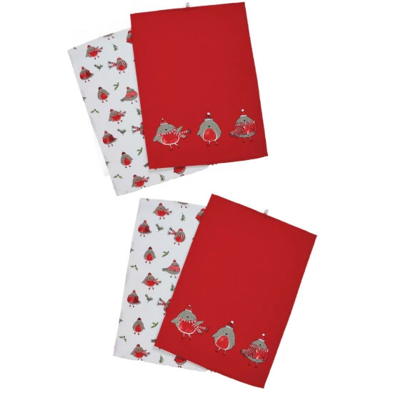 Catherine Lansfield Set Of 4 Red Christmas Robins Tea Towels 3 Catherine Lansfield Set Of 4 Red Christmas Robins Tea Towels - Image 3